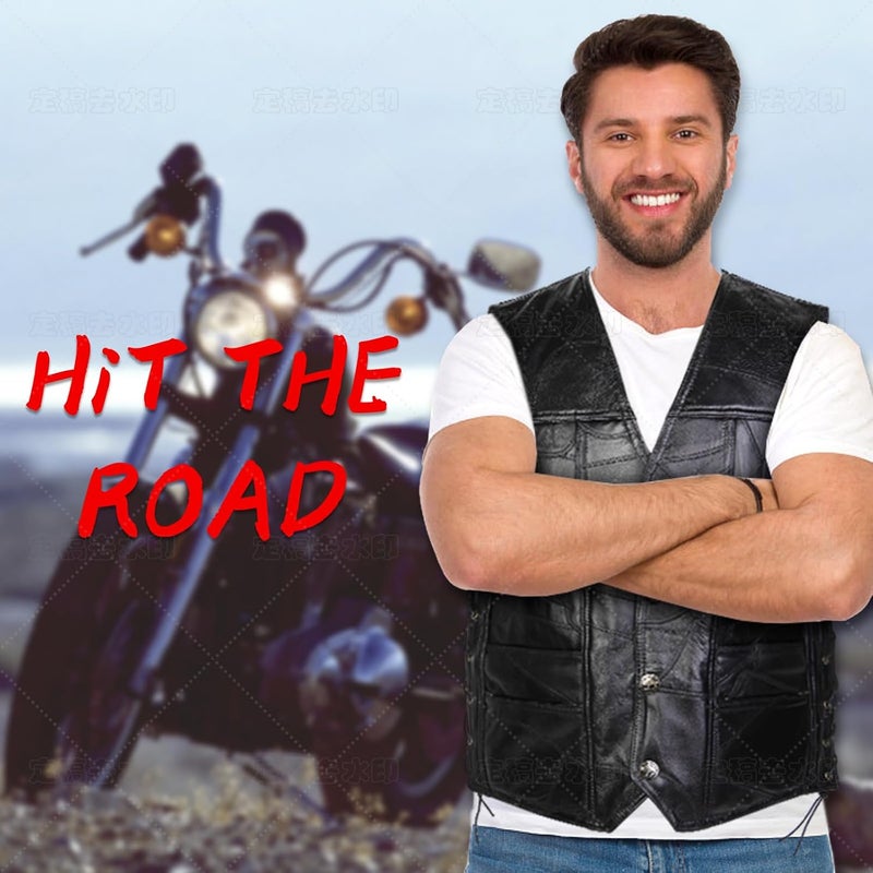 XINMALL Motorcycle Genuine Leather Biker Vest for Men Club Style Classic Black - Image 4